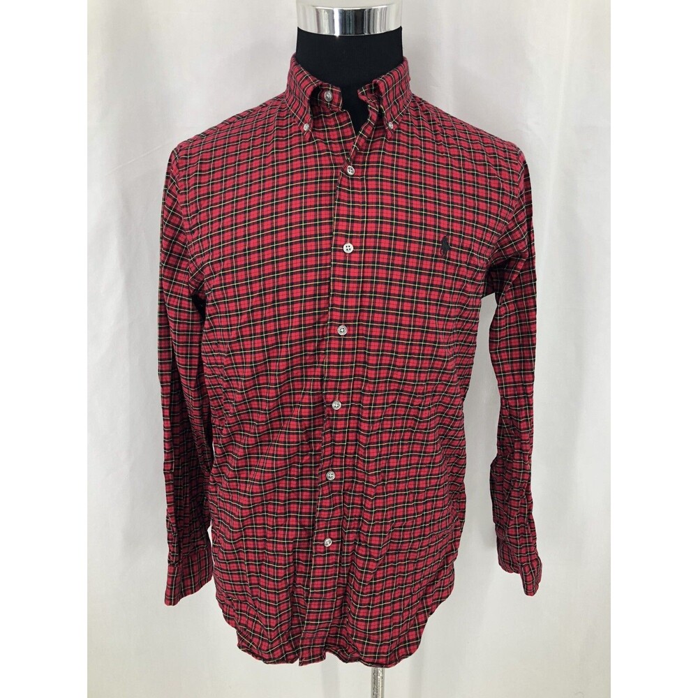 Ralph Lauren Button Down Red Plaid Long Sleeve Pony Logo Flannel Shirt Medium - Picture 2 of 4
